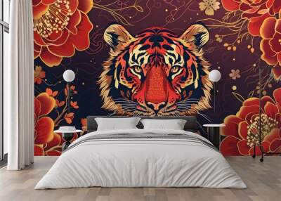 Banner Happy Chinese new year. The tiger asian elements. Happy chinese new year, Year of The Tiger,Trade is profitable and business is prosperous. tiger illustration, logo  Wall mural