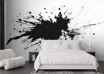 black ink Splatter, black paint, ink brush strokes, brushes, lines, grungy. Dirty artistic design elements, Black inked splatter dirt stain splattered spray splash with drops blots.  Wall mural