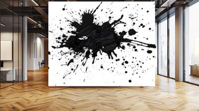 black ink Splatter, black paint, ink brush strokes, brushes, lines, grungy. Dirty artistic design elements, Black inked splatter dirt stain splattered spray splash with drops blots.  Wall mural