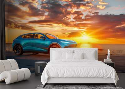 Blue SUV car with sport and modern design parked on concrete road at sunset sea beach with orange sky. Hybrid and electric car technology concept. Automotive industry. Car care service wallpaper. Wall mural