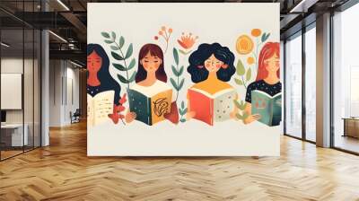 Books lover club vector template with different young woman reading books.  Wall mural