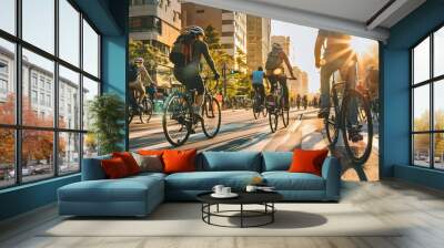 Bustling city street filled with cyclists commuting to work, showcasing the popularity of eco-friendly transportation modes, bike-sharing programs, vibrant energy of bike-friendly urban environment  Wall mural