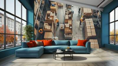 Busy rush workflow of hardware store employees. Group of workers working in large warehouse, shipping goods, prepare cardboard boxes for freight. International export business, and storehouse workflow Wall mural