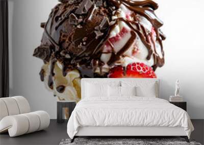 Chocolate, vanilla and strawberry Ice cream with topping in the cone on white background Wall mural