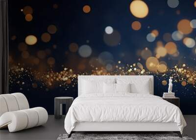 Christmas Golden light shine particles bokeh on navy blue background. Holiday concept. Abstract background with Dark blue and gold particle. Wall mural