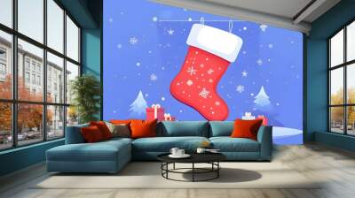 Christmas sock on isolated background. New Year s stocking for hanging over the fireplace. Vector illustration in flat style for stickers, decor, cards
 Wall mural