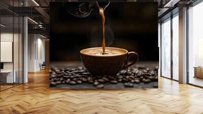 Close-up of coffee pouring in cup on table against black background,Bekasi City,Indonesia
 Wall mural