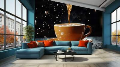 Close-up of coffee pouring in cup on table against black background,Bekasi City,Indonesia Wall mural