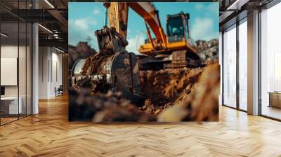 closeup bucket of backhoe digging the soil at construction site. crawler excavator digging on demoli Wall mural