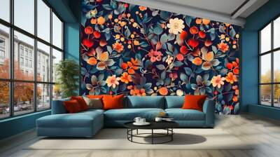 Collage contemporary orange floral and polka dot shapes seamless pattern Wall mural