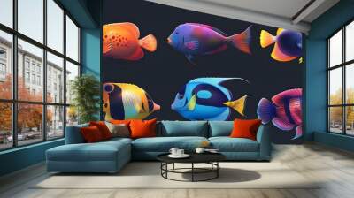 Collection of tropical ocean bright fish isolated on background, marine life with colorful fishes, aquarium underwater world concept. Wall mural