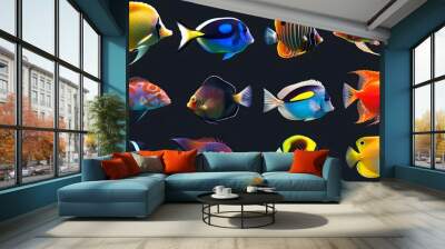 Collection of tropical ocean bright fish isolated on background, marine life with colorful fishes, aquarium underwater world concept. Wall mural