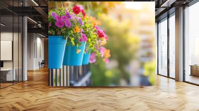 Colorful blue Hanging Flower Pots on Balcony. Vibrant flower pots suspended on a sunlit balcony railing. Wall mural