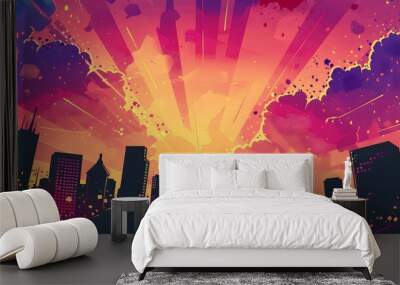 Colorful comic scene background with city silhouette
 Wall mural