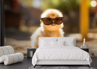 cool baby chick wearing sunglasses outside at the farm Wall mural