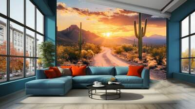 Dirt road Saguaro sunset
 Wall mural