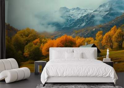 Farm house in the mountains in autumn Wall mural