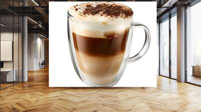 Foamy coffee cappuccino with wiped milk and coco powder on top, in double glass mug isolated on white background. Wall mural