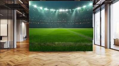 Football stadium arena for match with spotlight. Soccer sport background, green grass field for competition champion match. Wall mural