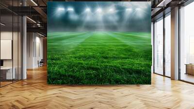 Football stadium arena for match with spotlight. Soccer sport background, green grass field for competition champion match. Wall mural