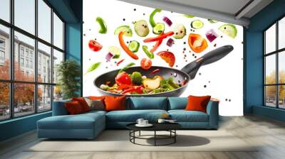 fresh vegetables fly in a pan on a white background. cooking with various chopped vegetables in a pa Wall mural