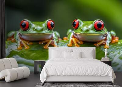 Front close up view of two funny red-eyed tree frogs (Agalychnis callidryas) on a green leaf with water drops after the rain, wildlife in a tropical rainforest of South America Wall mural