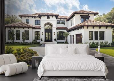 front view of beautiful white and black Spanish style home with dark brown accents, paver driveway, cinematic, Nikon D850 camera Wall mural