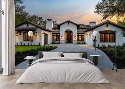 front view of beautiful white and black Spanish style home with dark brown accents, paver driveway, cinematic, Nikon D850 camera Wall mural