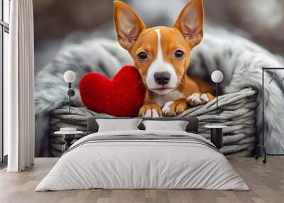 Funny red Basenji puppy dog in the basket with red heart
 Wall mural