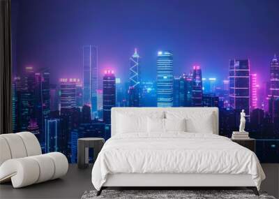 Futuristic cityscape at night, illuminated by neon lights, showcasing advanced urban development and smart city technology Wall mural