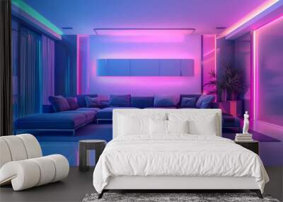 Futuristic interior room with high technology and luxury style, cyber living room with neon light and reflection. Wall mural