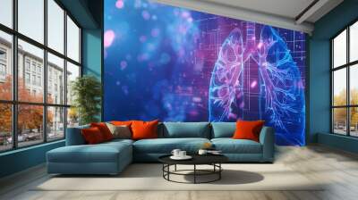 futuristic medical research or lungs health care with diagnosis and vitals biometrics for clinical hospital asthma and respiratory cancer and disease tests services as wide banner with copy space area Wall mural