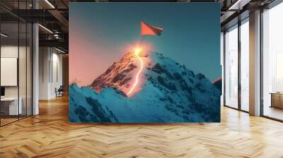 Glowing path leading to success concept with flag on peak of mountain Wall mural