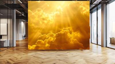 God light. Dramatic golden cloudy sky with sun beam. Yellow sun rays through golden clouds. God light from heaven for God hope and faithful concept. Believe in god. Beautiful sunlight sky background.  Wall mural