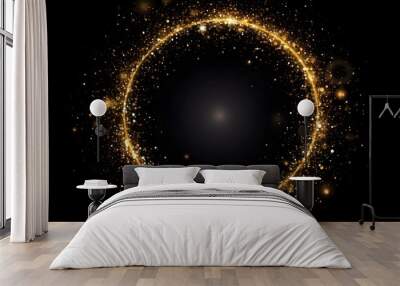 Gold glitter circle of light shine sparkles and golden spark particles in circle frame on black background. Christmas magic stars glow, firework confetti of glittery ring shimmer Wall mural