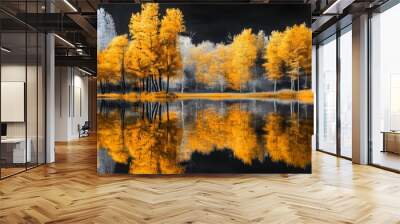 Golden trees reflected in lake on black sky background. Modern canvas art with golden yellow forest Wall mural