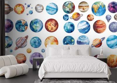 Hand drawn colorful watercolor space set of planet isolated of white background
 Wall mural