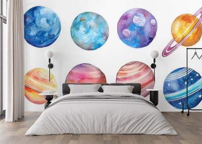 hand drawn colorful watercolor space set of planet isolated of white background Wall mural