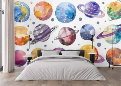 Hand drawn colorful watercolor space set of planet isolated of white background
 Wall mural