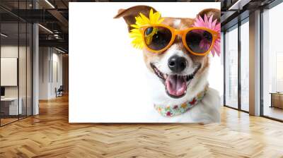 Happy smile Puppy dog wear sunglasses with summer season costume isolated on white background, pets summer, lovely dog, holiday vacation. Wall mural