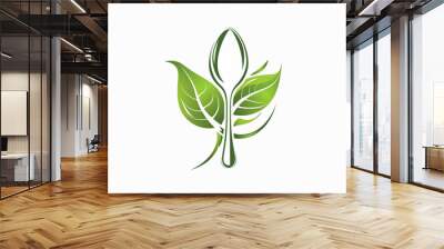 healthy food logo design with spoon and leaf elements, isolated on white background Wall mural