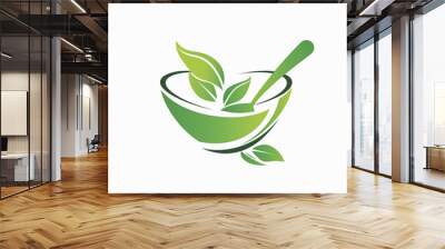 healthy food logo design with spoon and leaf elements, isolated on white background Wall mural