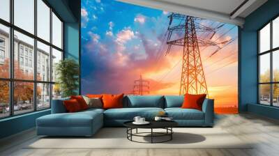 High voltage electric transmission tower. High voltage power lines on electric pylon against a sunset sky. Electrical infrastructure. Energy crisis. Electric power distribution. Energy distribution Wall mural