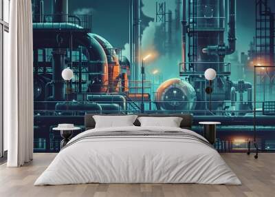 Industry pipeline transport petrochemical, gas and oil processing, furnace factory line, rack of heat chemical manufacturing Wall mural