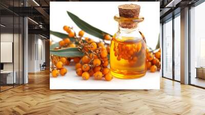 Isolated white background with sea buckthorn berries and oil bottle
 Wall mural