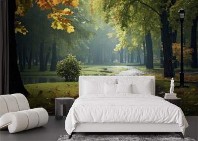 landscape autumn rain drops splashes in the forest background, october weather landscape beautiful park Wall mural