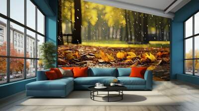 landscape autumn rain drops splashes in the forest background, october weather landscape beautiful park Wall mural