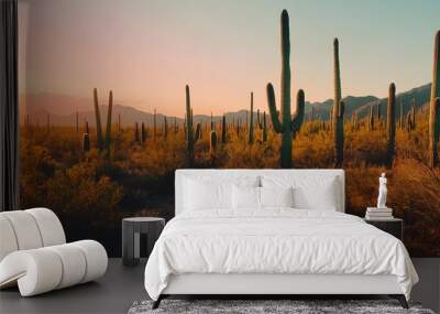 Landscape Desert Garden, Saguaro and flowering cactus. Digital Illustration of vivid sunset.
 Wall mural