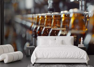 Line of bottling of cola soda bottles on clean light factory with closeup view on the sugary drink bottle Wall mural