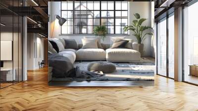 Living room bright interior . 3D rendering Wall mural